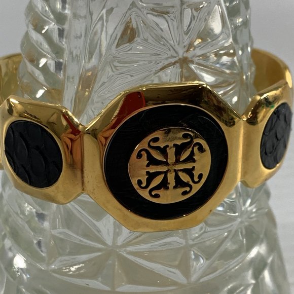 Rustic Cuff Gold Tone Black Snakeskin Leather Python Open Cuff Bracelet - Picture 5 of 9